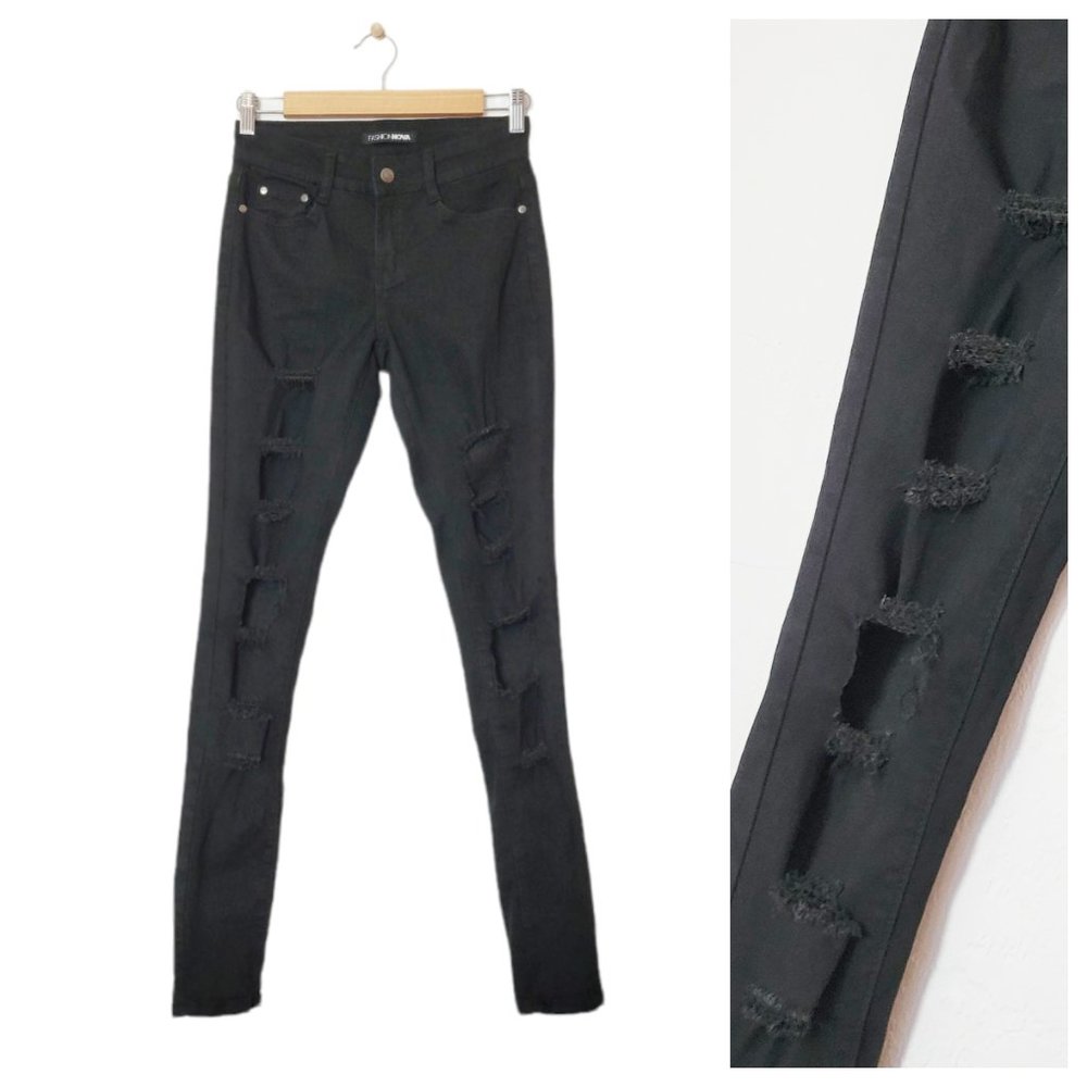 Fashion Nova Skinny Jeans Black Destroyed Distressed Shredded Stretchy Jeans